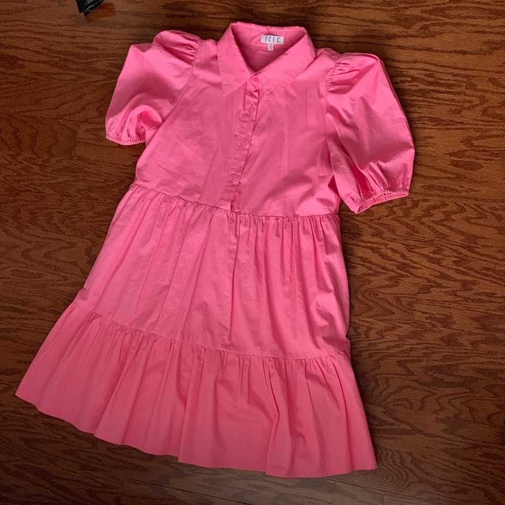 Pink Puff Sleeve Tiered Dress